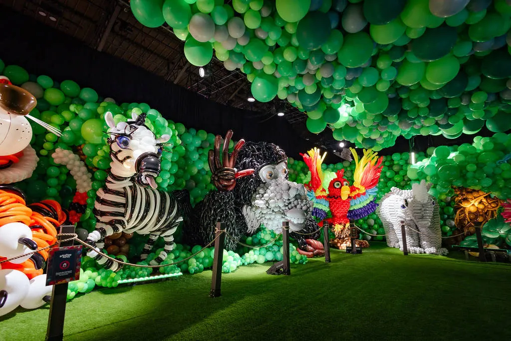 Balloon Story exhibition installation with animal balloon sculptures