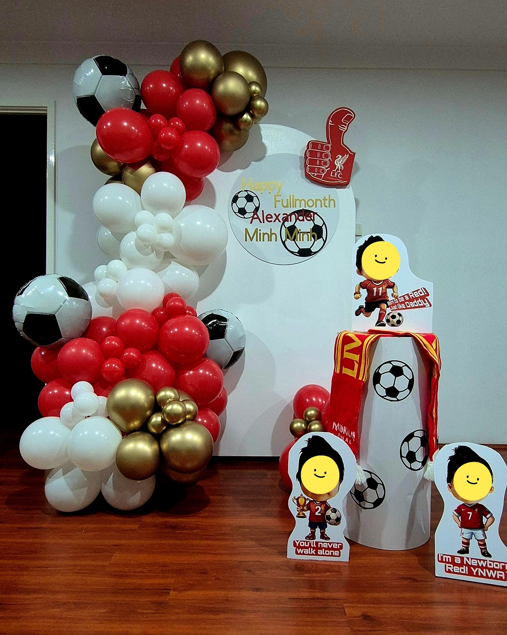 Liverpool football club themed birthday with red and white balloons