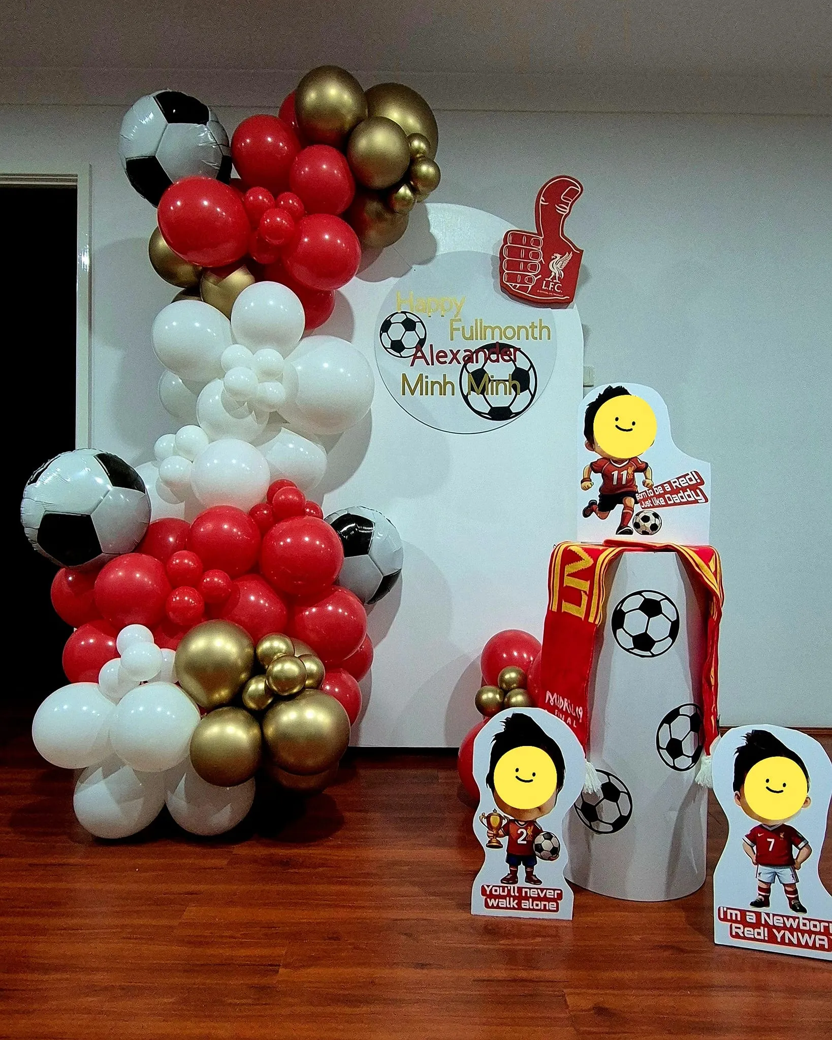 Liverpool football club themed birthday with red and white balloons