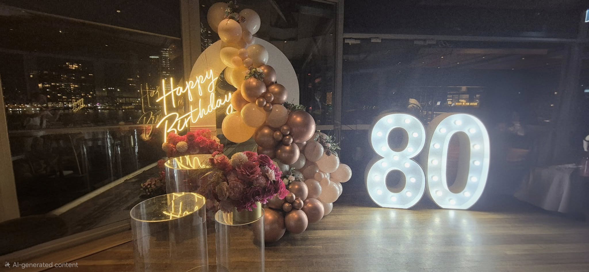 Eightieth birthday celebration with gold balloons and custom plaque